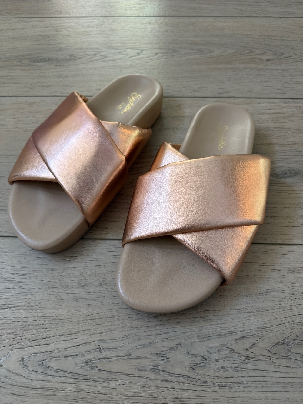 Seychelles Metallic Rose Gold Crossover Slide Sandals
